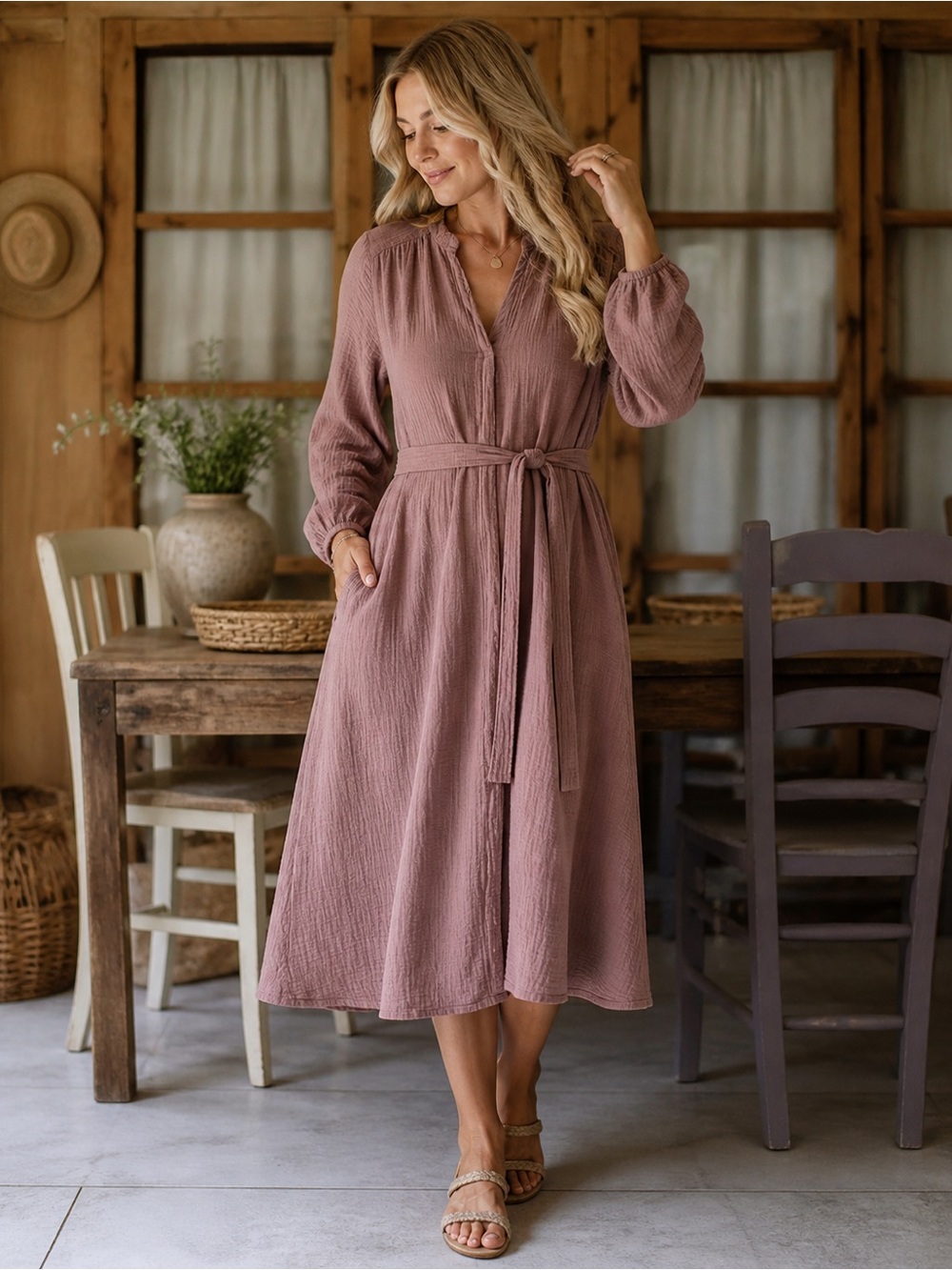 GAP CRINKLE GAUZE TIE WAIST ROSE PINK TAUPE MIDI DRESS SIZE LARGE